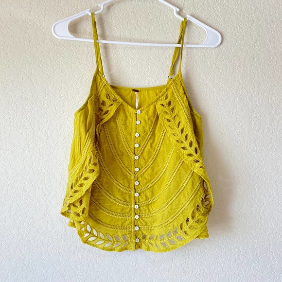 Free People Tops - Free People Embroidered Tank Women's Size XS Green Yellow Eyelet Boho Details
